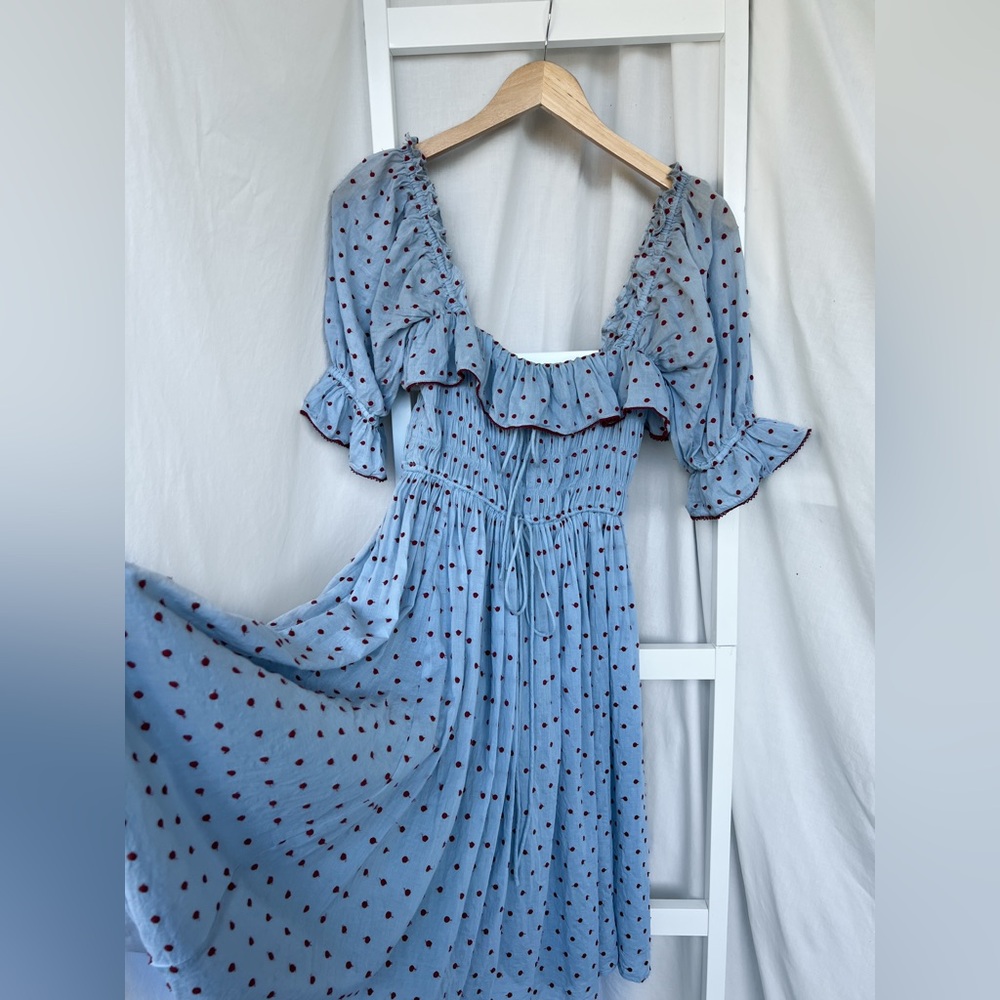 Doen Azure Swiss Dot Light Blue Shirred Midi Dress with Red Dot Print